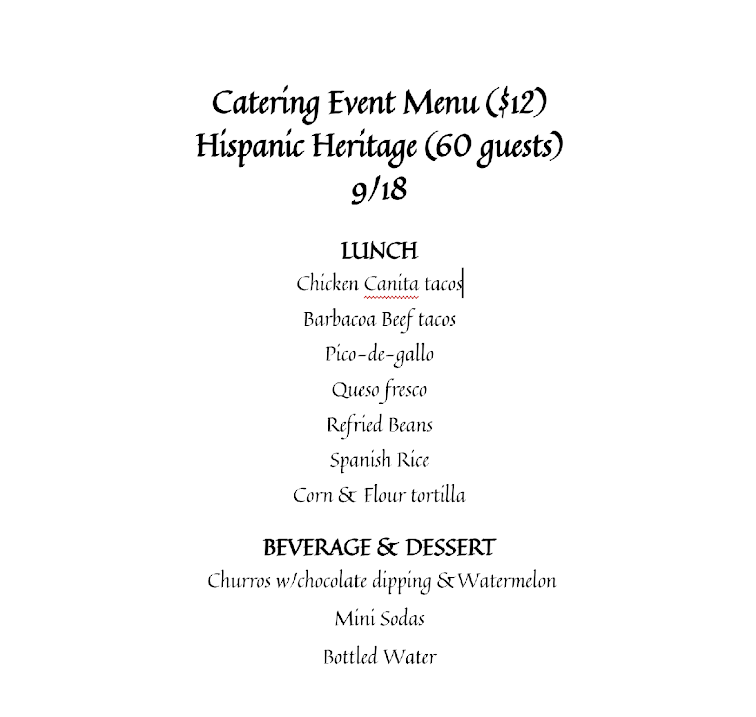 Catering Event Menu for Hispanic Heritage Event