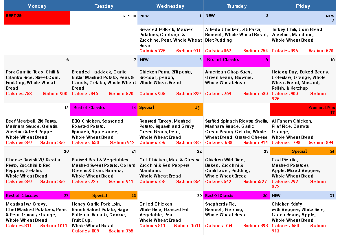 Senior Center Meals Example Menu