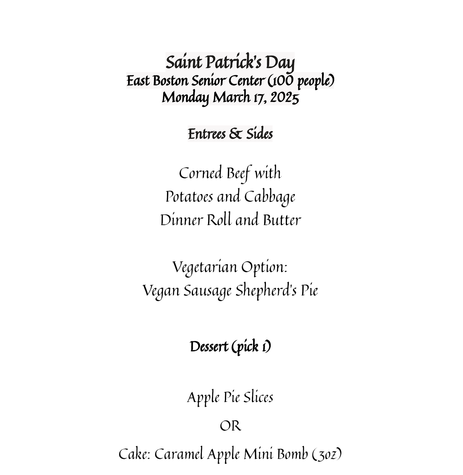 Saint Patricks Day Menu Sample for Senior Centers