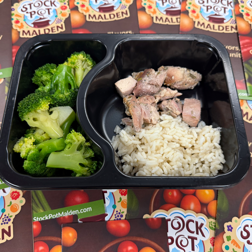chicken thighs, rice and brocolli prepared meal