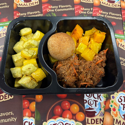 turkey and carrot hash with squash and a roll, prepared meal for schools, daycares, senior centers and more