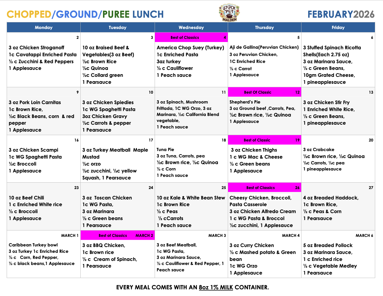 Adult Day Health Center menu examples